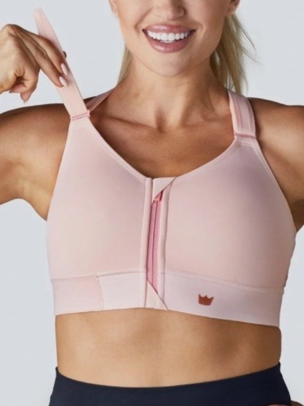 SheFit Flex Sports Bra Front-Zip Support Sports Bra - Blush Pink size 2luxe
